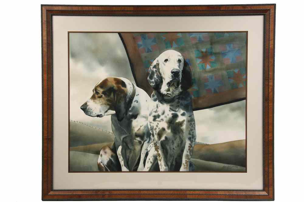 Appraisal: WATERCOLOR - Two Hounds and a Quilt in Landscape by