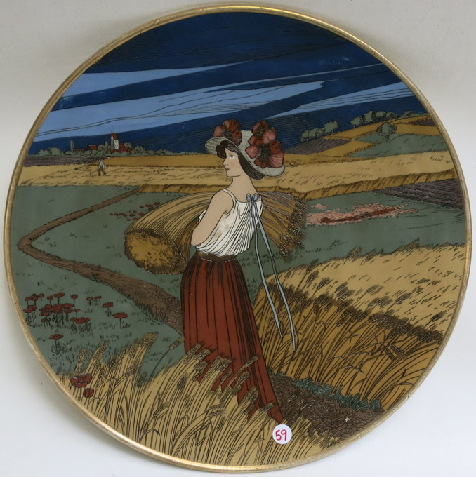 Appraisal: METTLACH ETCHED POTTERY PLAQUE Young Girl with Wheat Summer Scene