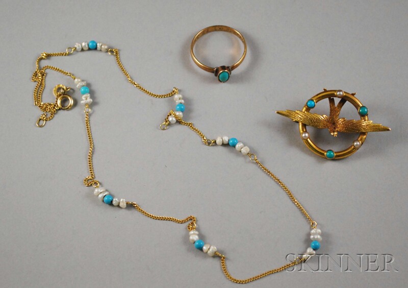 Appraisal: Three Gold and Turquoise Jewelry Items a kt gold turquoise