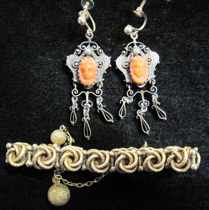 Appraisal: Gold fill bracelet and coral cameo earrings L bracelet in