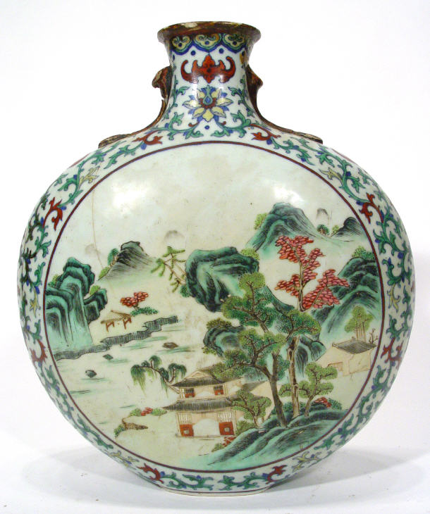 Appraisal: Famille verte moon shaped porcelain vase hand painted with landscape