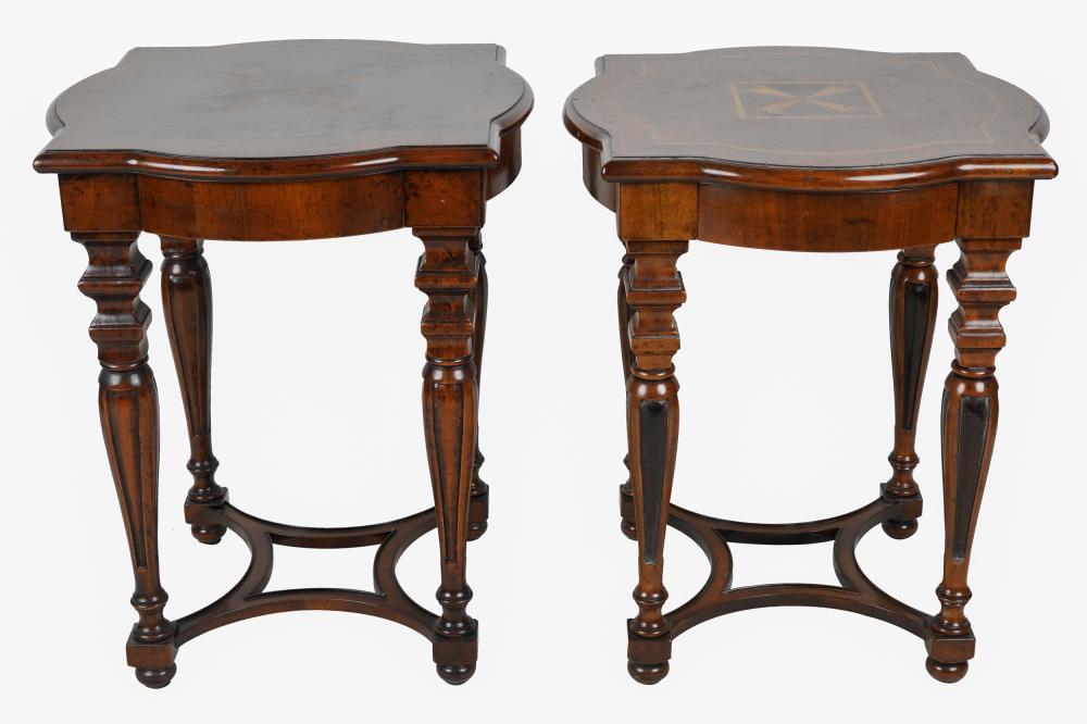 Appraisal: PAIR OF INLAID WALNUT LAMP TABLESeach with a single drawer