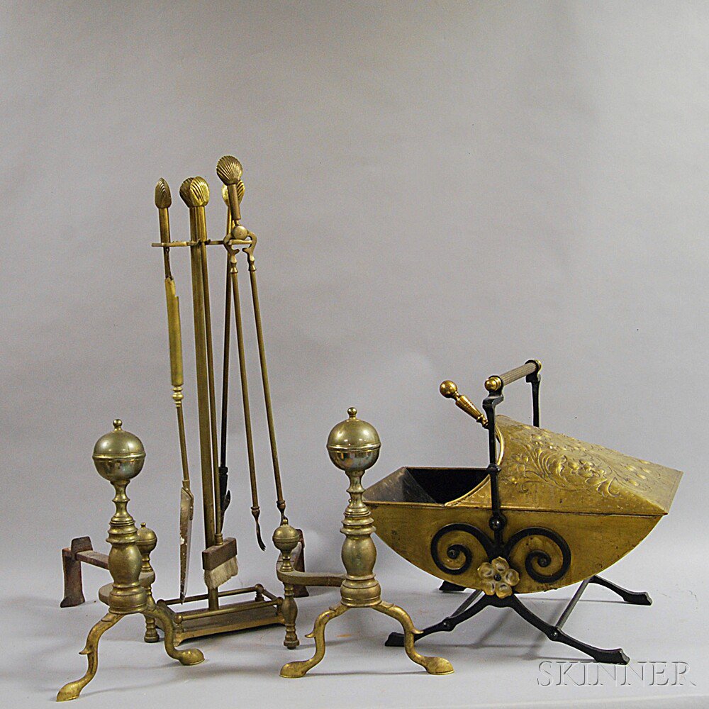 Appraisal: Group of Brass Fireplace Accessories a floral-repousse coal hod and