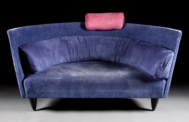 Appraisal: Contemporary upholstered demilune sofa and ottoman blue upholstery with ebonized