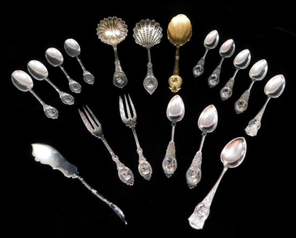 Appraisal: SILVER Eighteen pieces of flatware and servingware medallion motif most