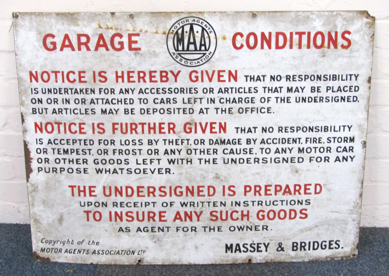 Appraisal: A Motor Agents Association Garage Conditions sign for the Garage