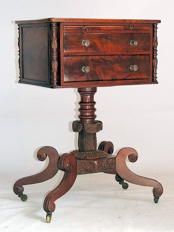 Appraisal: American Empire Work Table Classical form with scroll legs and