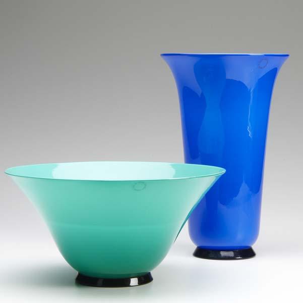 Appraisal: VENINI Two opaque glass pieces periwinkle vase and green bowl