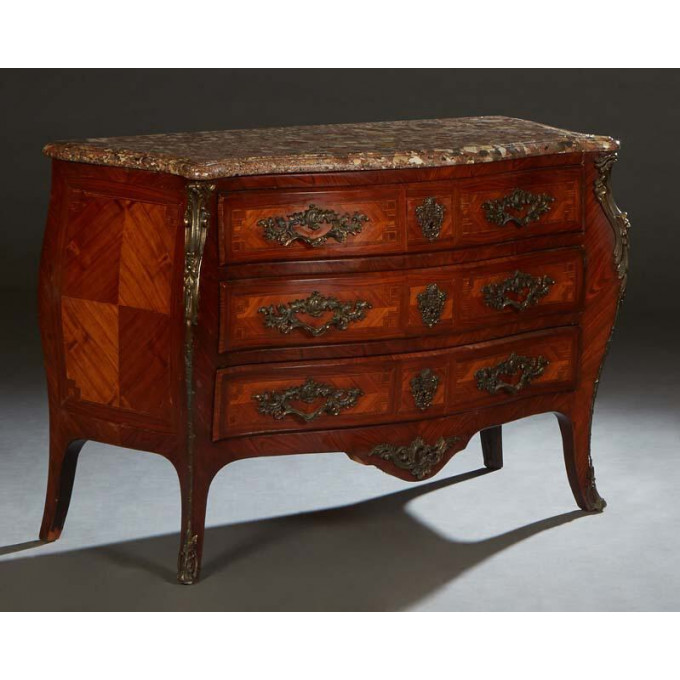 Appraisal: French Louis XV Style Inlaid Carved Cherry Ormolu Mounted Bombe