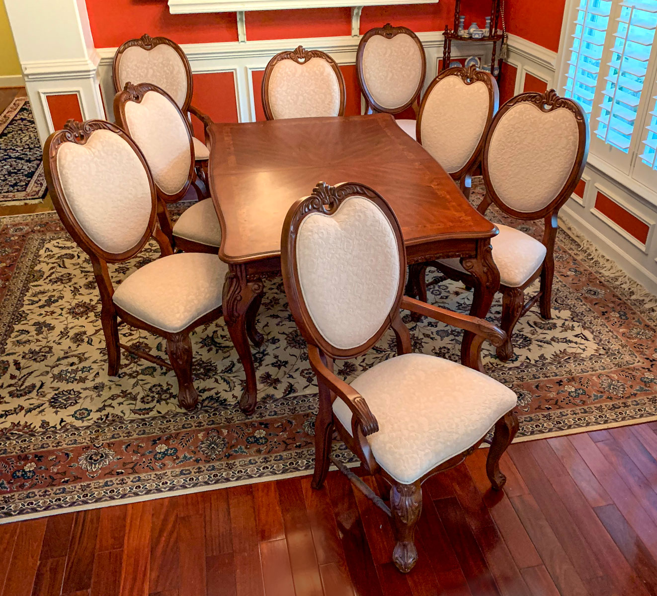 Appraisal: WALNUT TABLE WITH BURL INLAY CHAIRS Comprising - Walnut dining