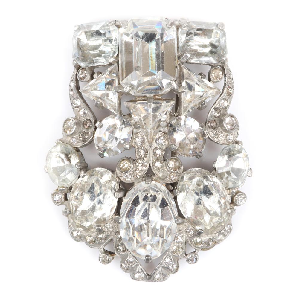 Appraisal: EISENBERG ORIGINAL DIAMANTE SHIELD FUR CLIP WITH HUGE FACETED CRYSTALS