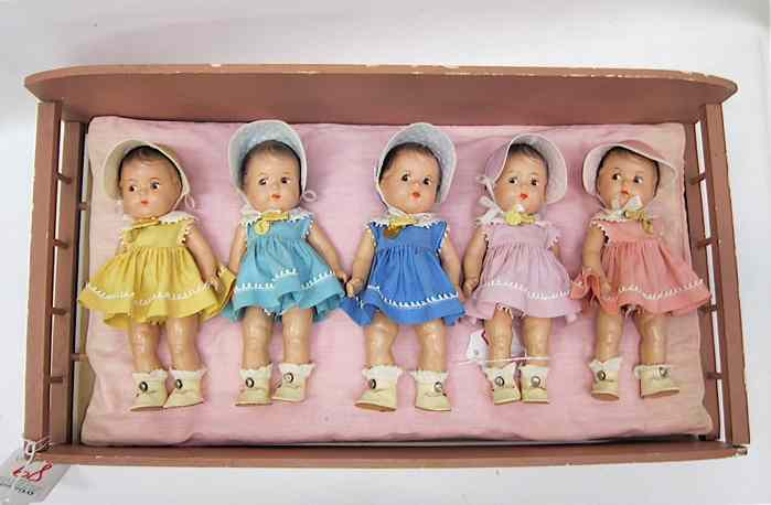 Appraisal: SET OF FIVE MADAME ALEXANDER DIONNE QUINTUPLET DOLLS plus painted