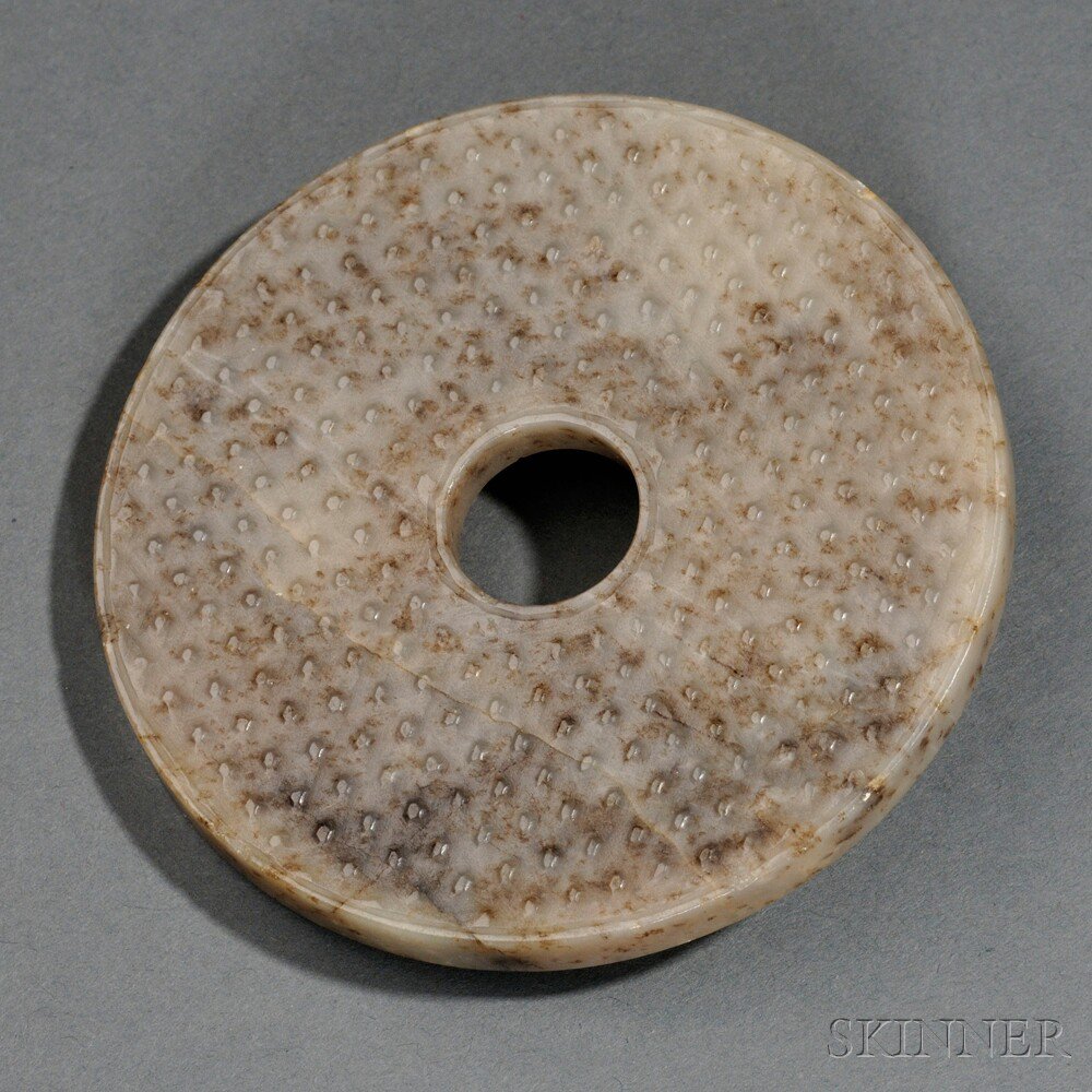 Appraisal: Jade Bi Disc China decorated with raised dots gray stone