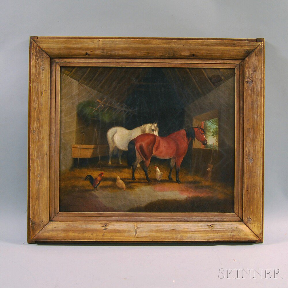 Appraisal: American School th Century Horses in a Stable Unsigned Oil