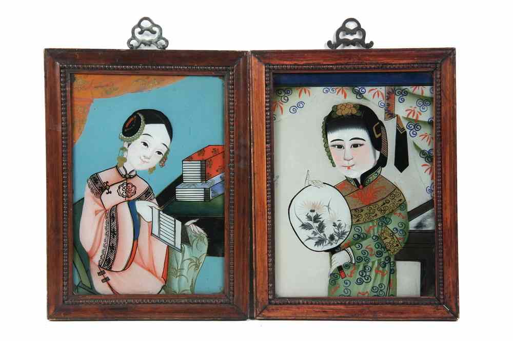 Appraisal: PAIR CHINESE REVERSE GLASS PAINTINGS - th c Portraits of