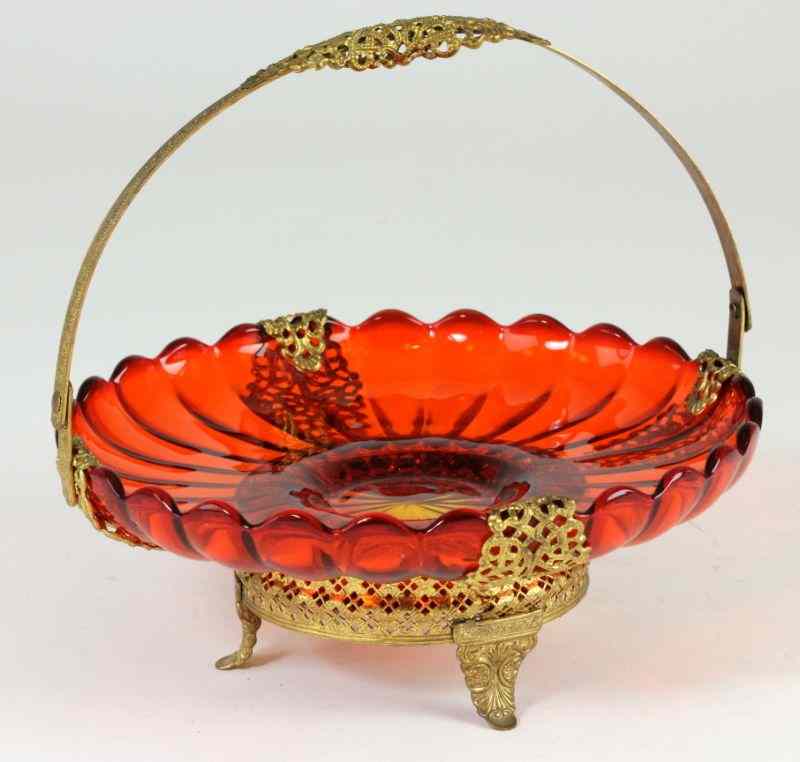 Appraisal: Amberina Card Dishred-yellow scalloped edge amberina glass dish mounted in