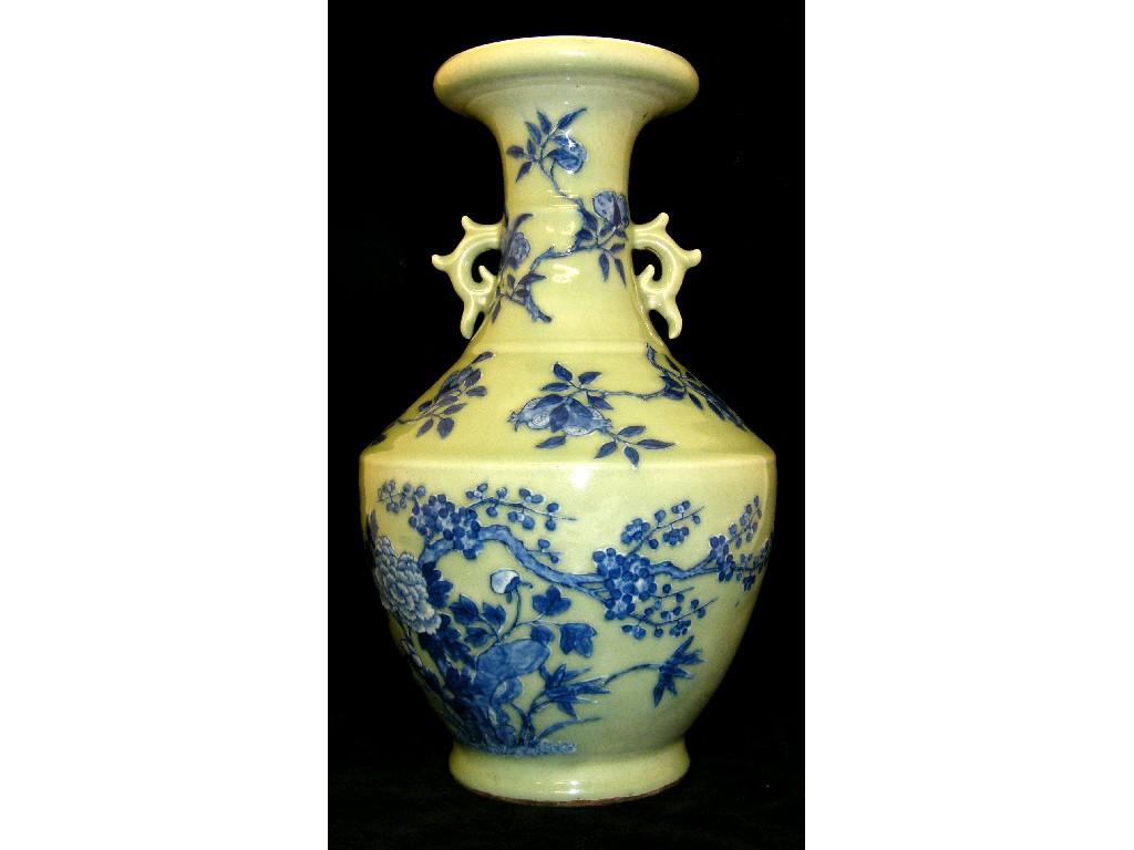 Appraisal: Chinese celadon porcelain twin handled vase with scroll handles and