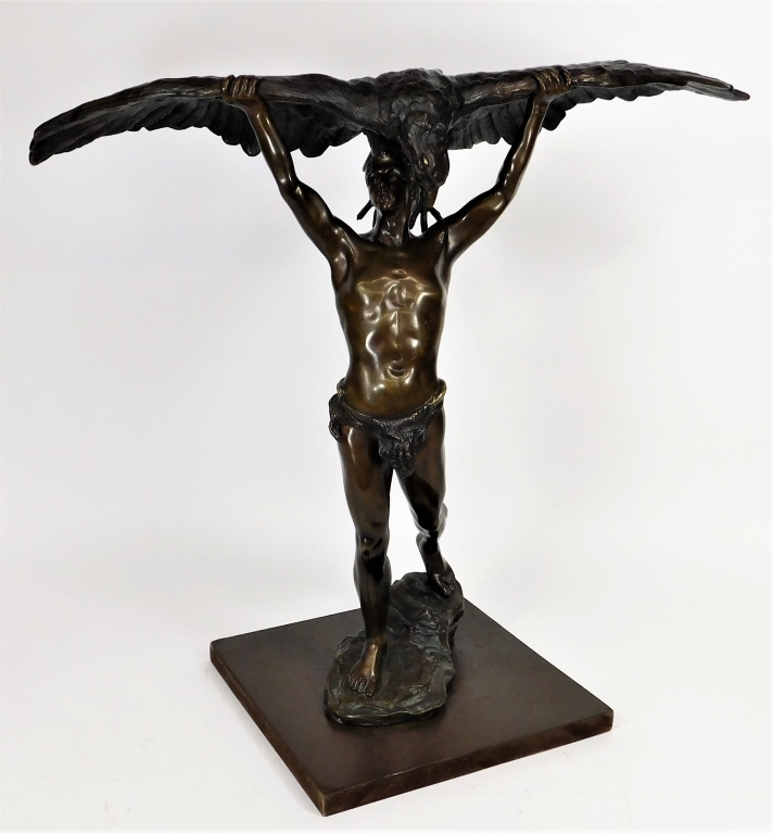 Appraisal: LUDWIG GRAEFNER PROMETHEUS FALCONER BRONZE STATUE Germany - Titled The