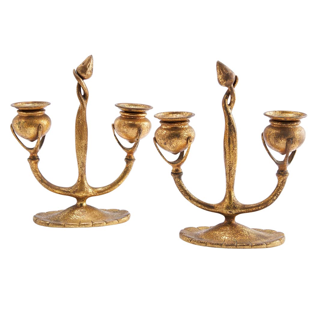 Appraisal: Pair of Tiffany Studios Gilt-Bronze Two-Light Candelabra Each of floriform