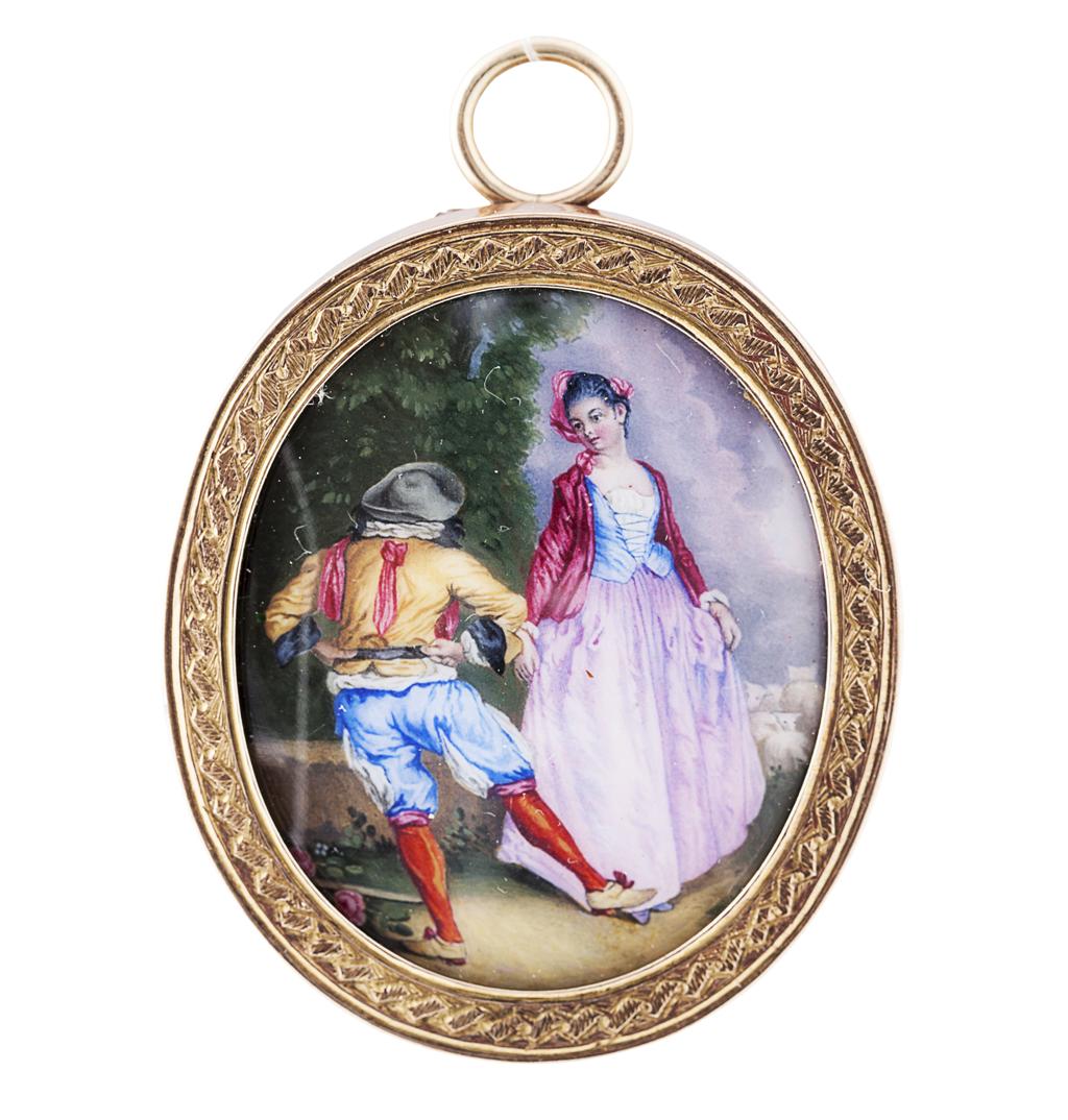 Appraisal: A gold framed pendant miniature unmarked oval the enamelled copper