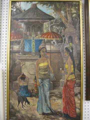 Appraisal: Oil on Canvas Young Women at a Shrine artist signed