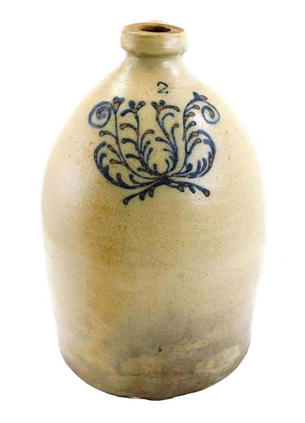 Appraisal: th C American salt-glazed stoneware jug -gallon hand-painted cobalt foliate-scroll