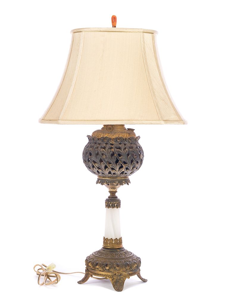 Appraisal: Carved Victorian Brass Onyx Banquet Lamp Good condition with normal