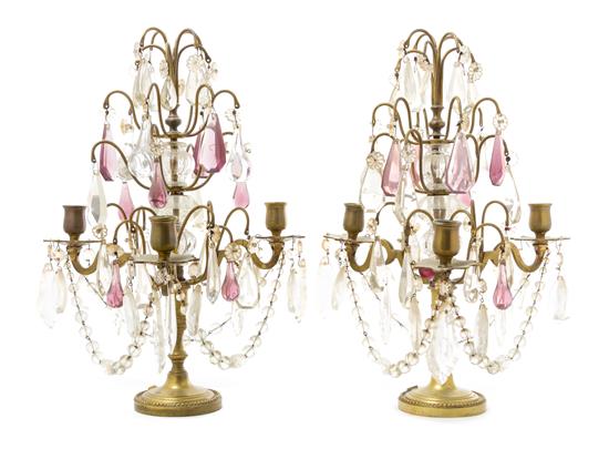 Appraisal: Sale Lot A Pair of Brass and Glass Three-Light Candelabra