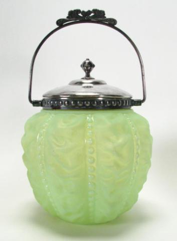 Appraisal: Green Satin Glass ''Beaded Drape'' Biscuit Jar silver plate ''