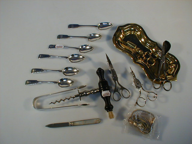 Appraisal: Snuffer scissors brass tray silver spoons and bows rosewood corkscrew