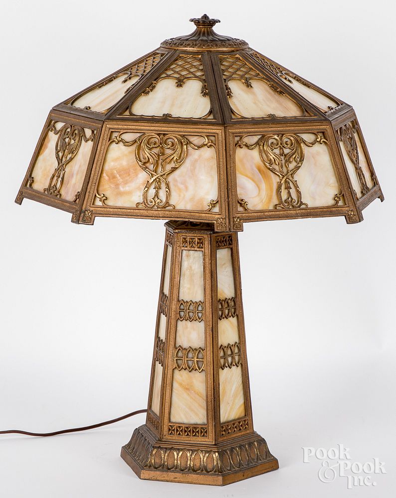 Appraisal: Spelter and slag glass table lamp early th c Spelter