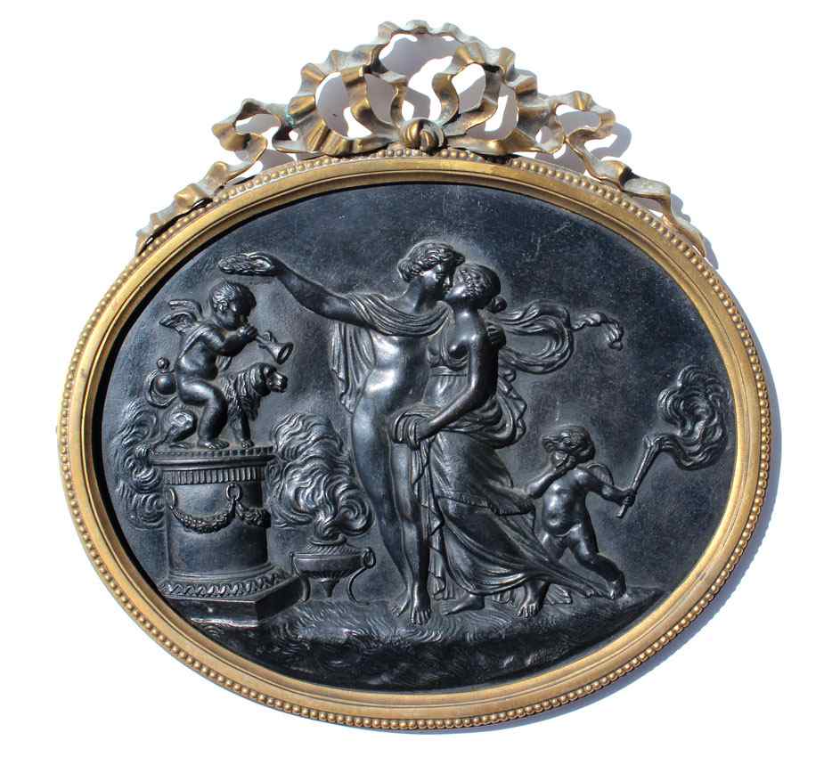 Appraisal: ALLEGORICAL BRONZE PLAQUE OF LOVERS Bronze '' x '' no