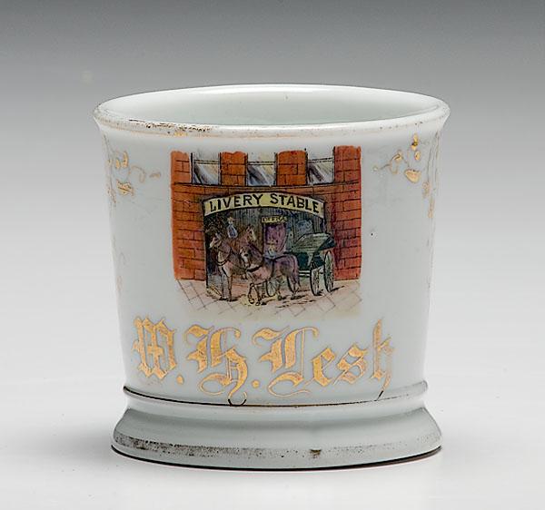 Appraisal: LIVERY STABLE OCCUPATIONAL SHAVING MUG porcelain with polychrome painted scene