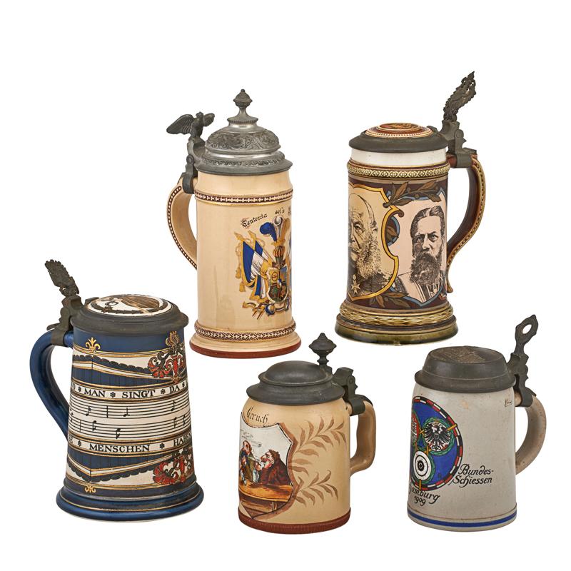 Appraisal: GERMAN STONEWARE STEINS Five One Franz hering half liter two