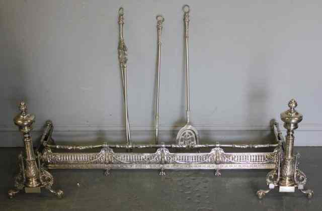 Appraisal: Silverplate Andirons and Tools From a Park Avenue NYC estate