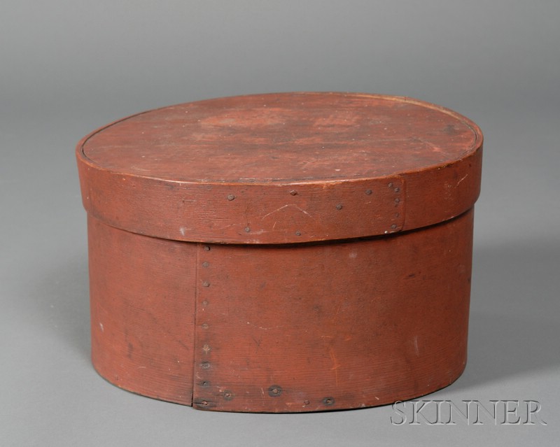 Appraisal: Red-painted Ash and Pine Lap-seam Covered Oval Pantry Box America