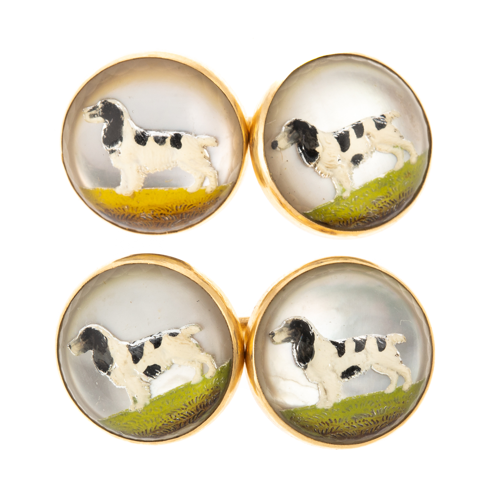 Appraisal: A PAIR OF VINTAGE ESSEX CRYSTAL SPANIEL CUFFLINKS K yellow