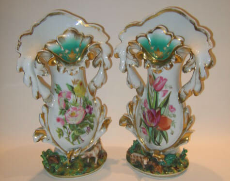 Appraisal: PAIR OF LARGE OLD PARIS PORCELAIN HUNT VASES Of typical