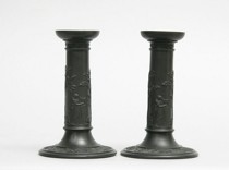 Appraisal: Wedgwood Black Basalt Candlesticks ca 's Classical motif cameo candle