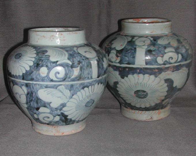 Appraisal: Near-Pair of Chinese Provincial Blue and Gray Pottery Storage Jars