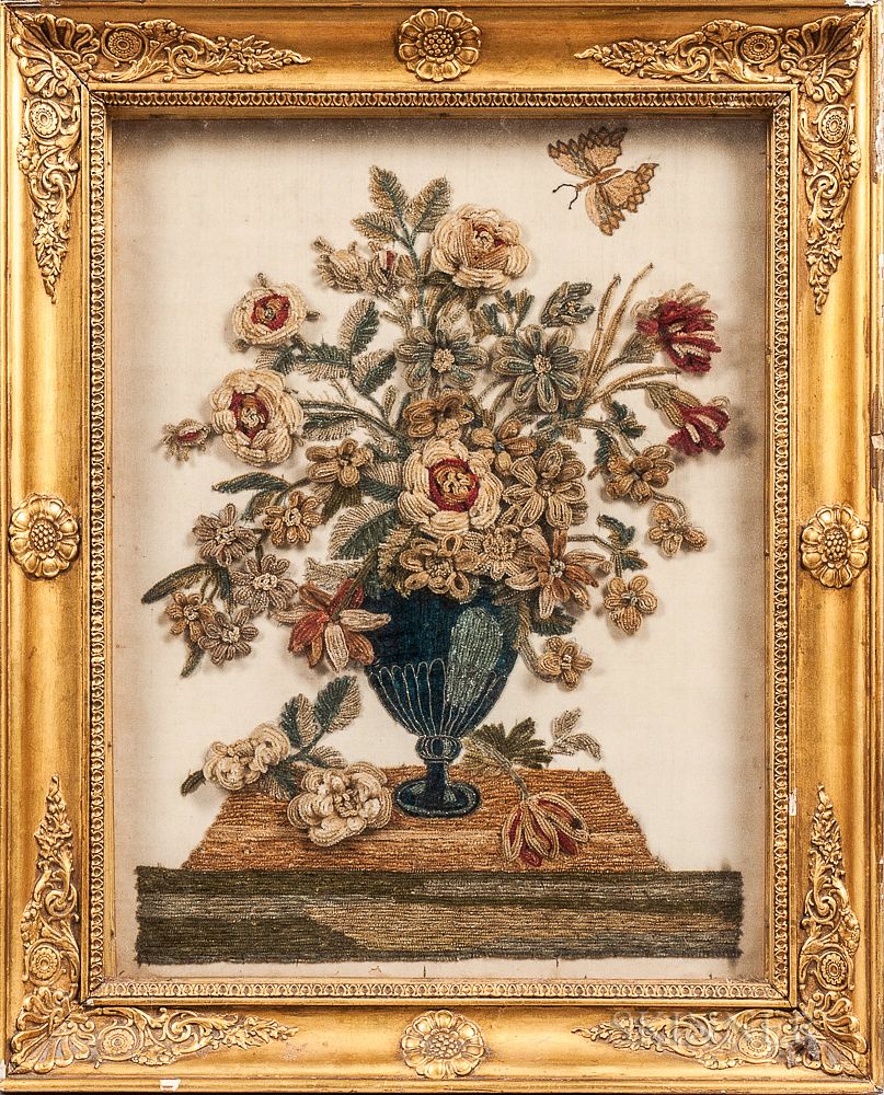 Appraisal: Framed French Silk Still Life with Raised Silk Chenille Embroidery