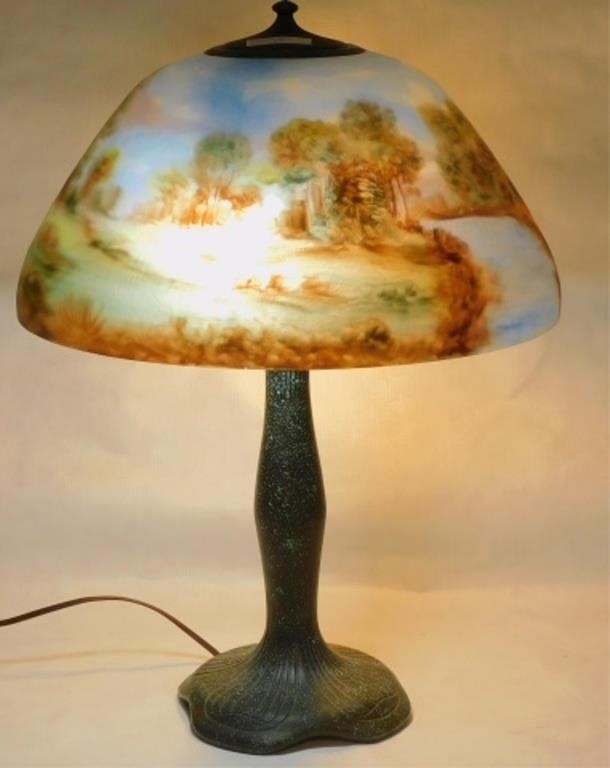 Appraisal: MOE BRIDGES ART GLASS LAMP WITH REVERSE PAINTEDshade Appears to