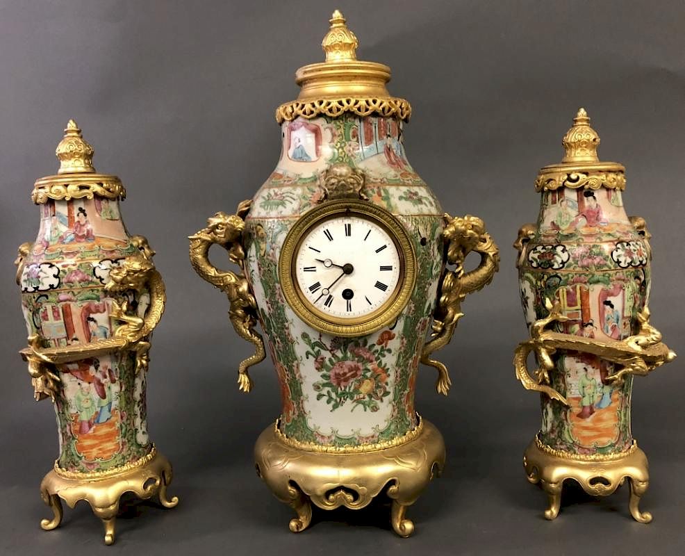 Appraisal: Rose Medallion Urn Form Clock Garniture Set Rose Medallion urn