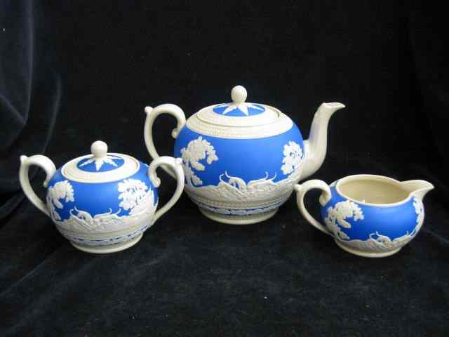 Appraisal: Copeland Spode Jasperware Tea Setwith fox hunt scenes teapot creamer