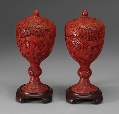 Appraisal: Pair Chinese lacquer lidded urns cinnabar ovoid bodies on flared