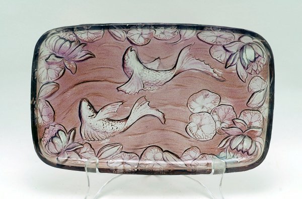 Appraisal: Purple art glass tray rectangular in shape molded with koi