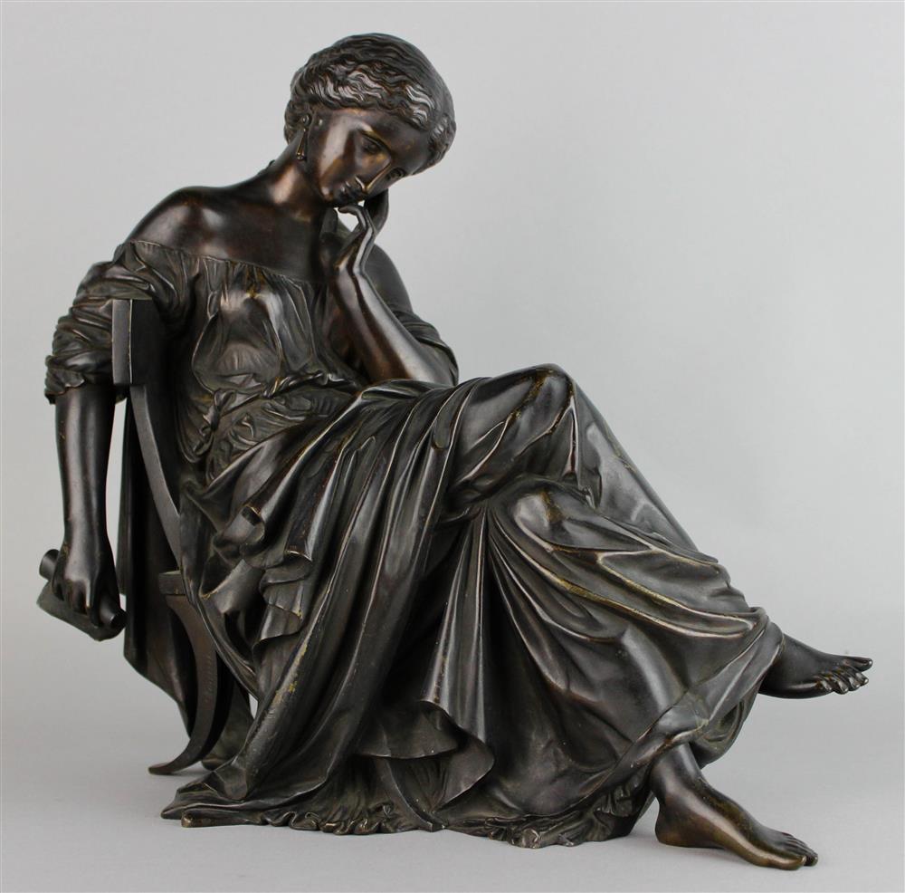 Appraisal: BRONZE MODEL OF A CLASSICAL MAIDEN Auguste Moreau - seated