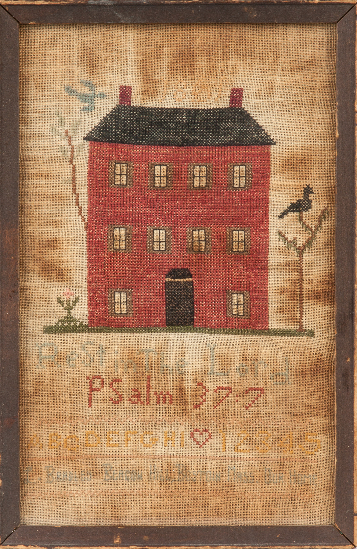 Appraisal: Sampler with a Red Brick House Dated L Bradley Beacon