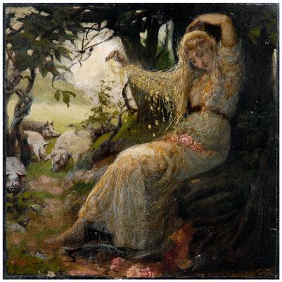 Appraisal: Pre-Raphaelite painting Circe with pigs at clearing in woods eagle