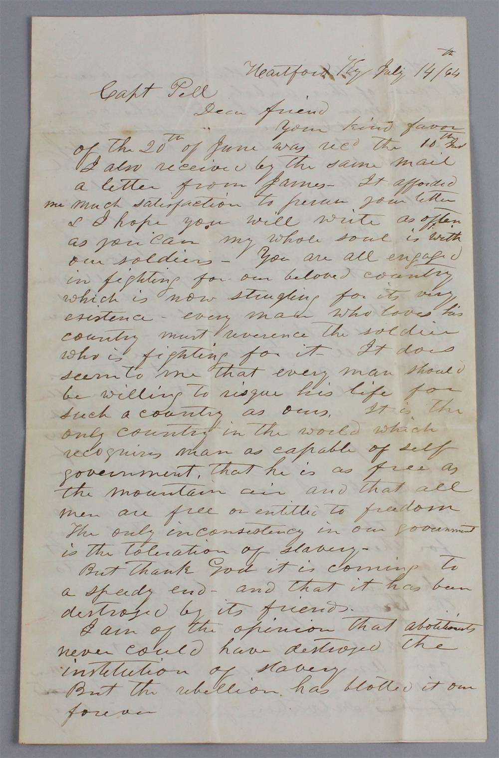 Appraisal: KENTUCKY CIVIL WAR MANUSCRIPT LETTER TO CAPT PELL FROM J